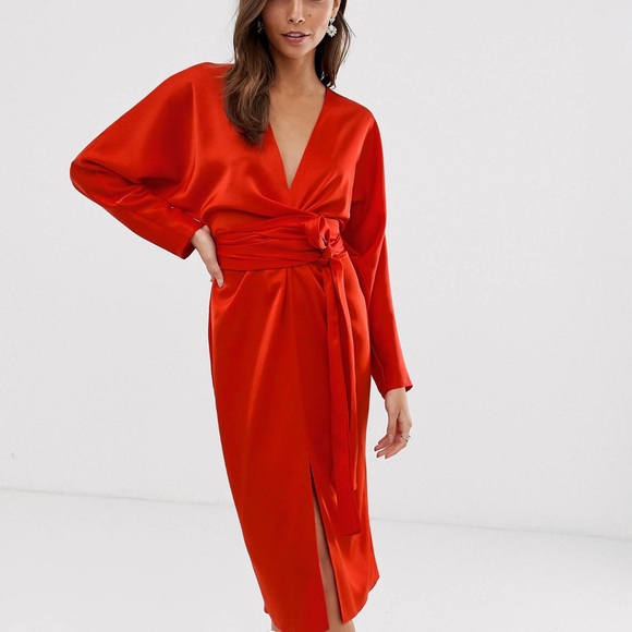 ASOS design satin midi dress with batwing sleeve and wrap waste - Picture 1 of 7